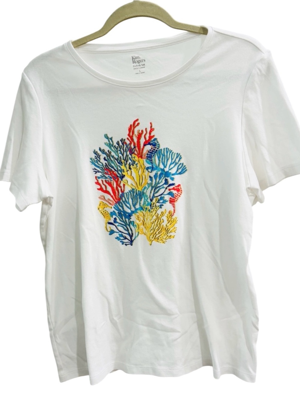 Kim Rogers White Tee with Colorful Coral outlined in Metallic Gold, L
